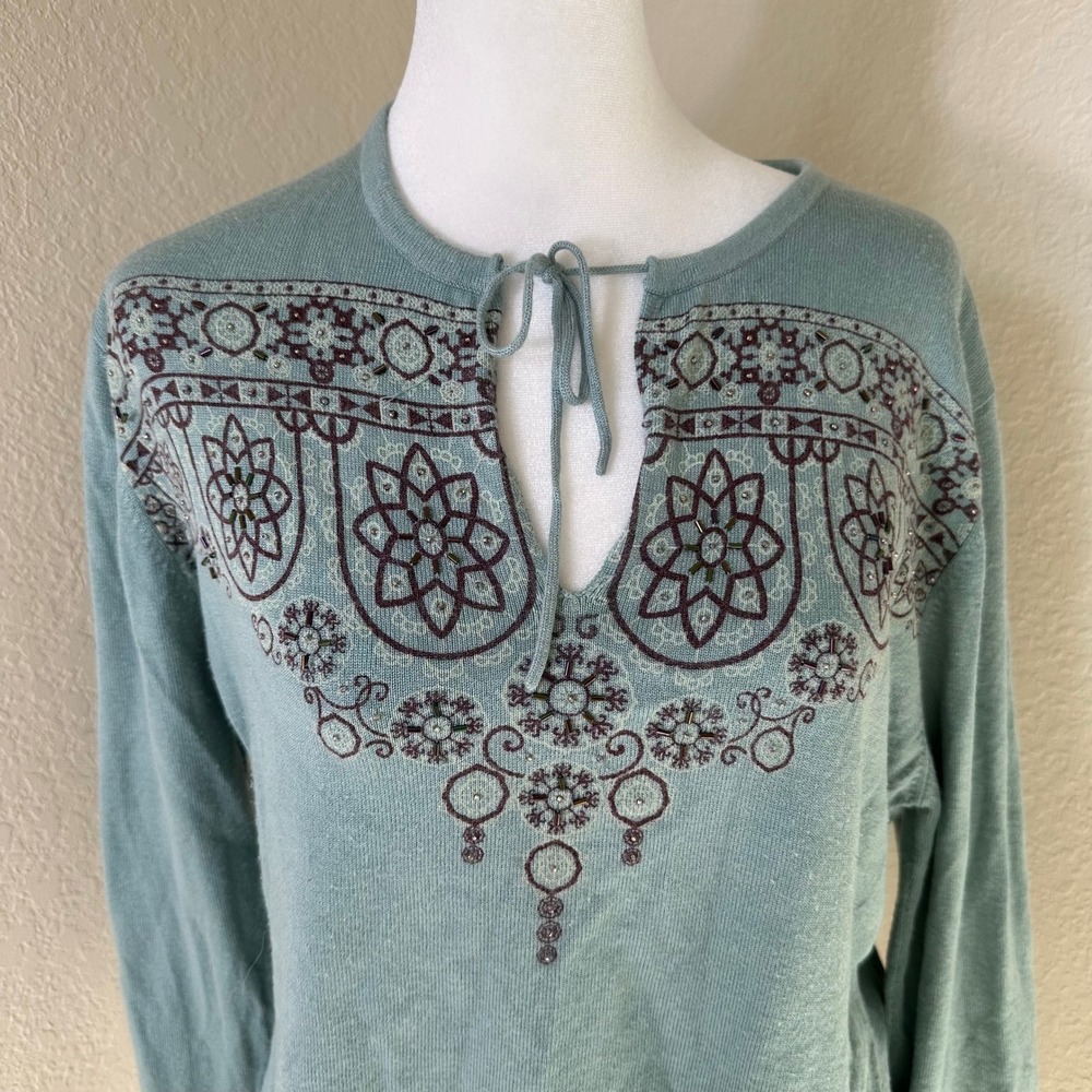 Sleeping on Snow Sweater Women XL Teal Boho Embroidered Tie Neck Rayon Pullover - Picture 2 of 6